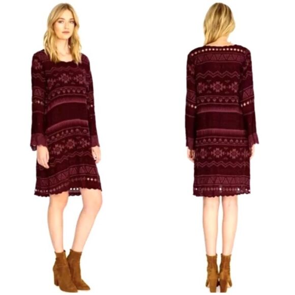 NEW Johnny Was Avery Dress Aztec Embroidered Eyelet Slip Merlot Burgundy Size XL - Picture 1 of 16